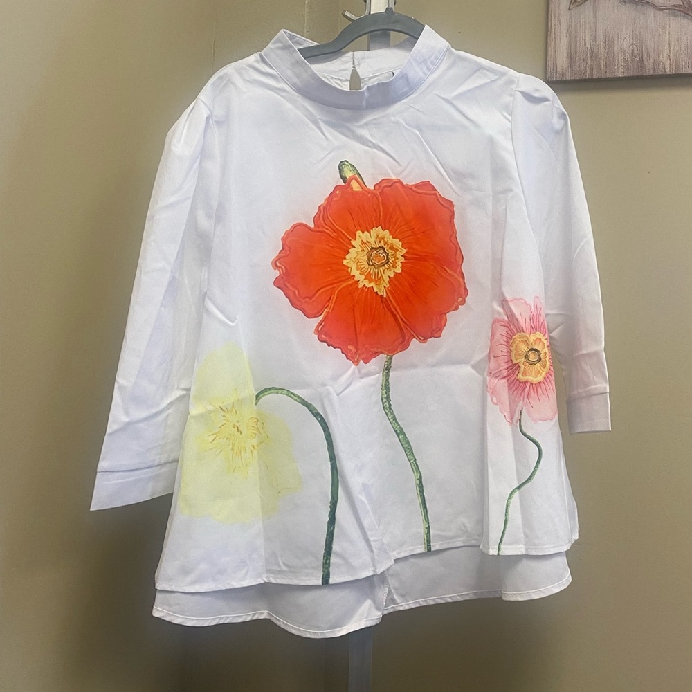 Floral Shirt - White with Orange and Pink Accents